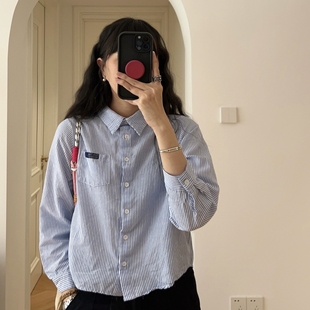 新款 衬衣 法式 翻领条纹衬衫 0.17KG 文艺简约短款 春装