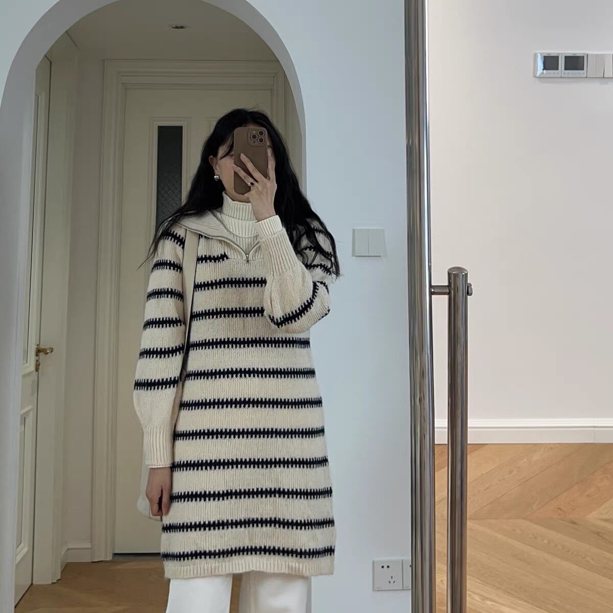 包邮 冬装新款 法式条纹大翻领中长款毛衣 0.47KG