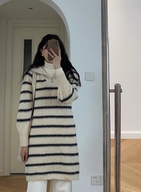 包邮 冬装新款 法式条纹大翻领中长款毛衣 0.47KG
