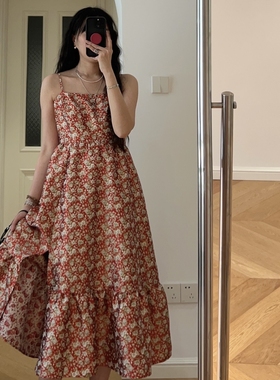 包邮 春装新款 法式度假风印花吊带裙中长款连衣裙  0.38KG