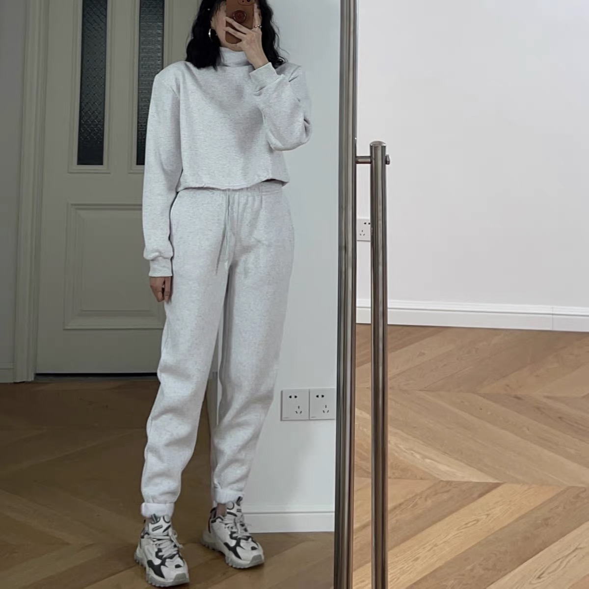 包邮 秋冬新款 港风加绒半高领宽松短款卫衣卫裤套装