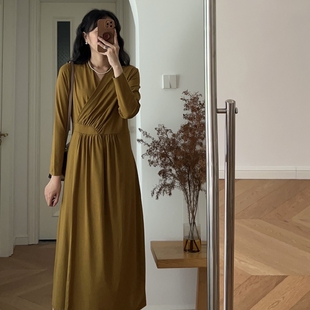 新款 优雅气质修身 秋装 法式 0.52KG V领长袖 收腰连衣裙过膝中长裙
