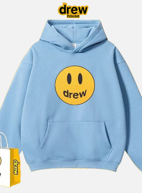 Drew 美式经典笑脸印花男女情侣加厚加绒天蓝色连帽卫衣