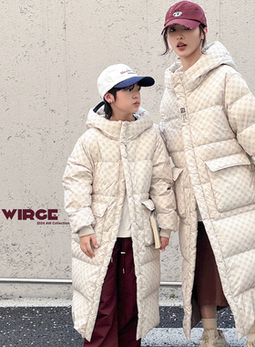 韦氏25新款亲子装双面穿加长款连帽过膝加厚款拼纯色羽绒服142304