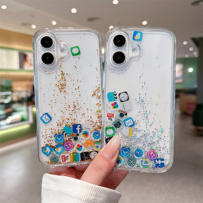 创意液体会动态app图标适用iphone14手机壳苹果13 Pro max电话保护套12个性15闪粉11潮男女16pm流沙透明大孔