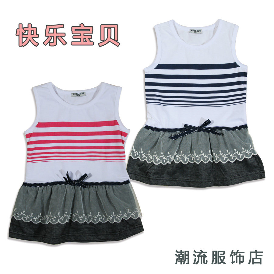 外贸拼接款淑女夏季童装海军风条纹中小童连衣裙背心裙价裙子