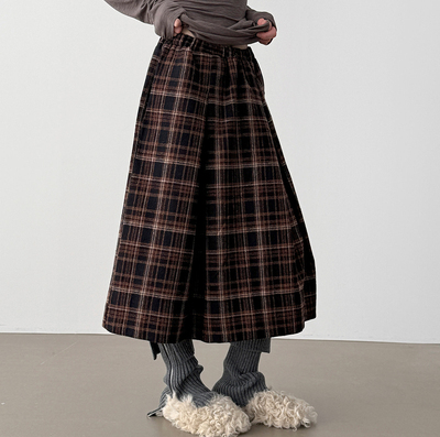 wool check pleated banding long skirt