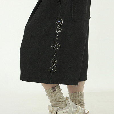 stud denim bermuda banding pants (unisex)