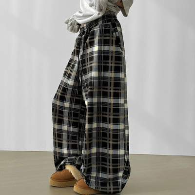 check fleece wide jogger banding pants (unisex)