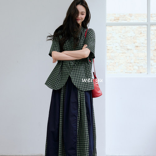 春夏大码格子拼接裤裙宽松高级感