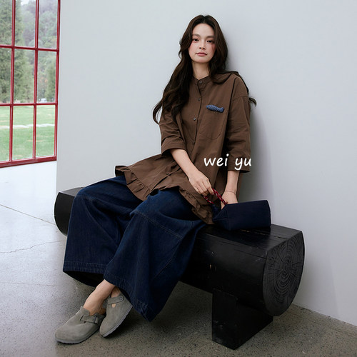 薇语大码法式小立领七分袖衬衫