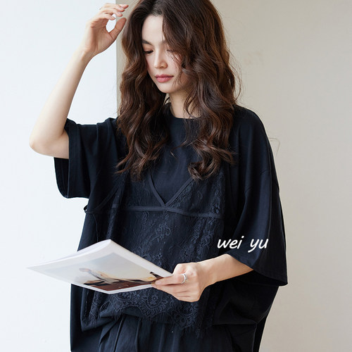 大码蕾丝吊带假两件显瘦套装