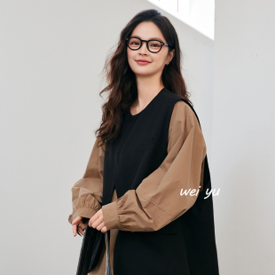 薇语大码女装不规则假两件上衣2025秋冬新款高级感圆领纯色马甲女