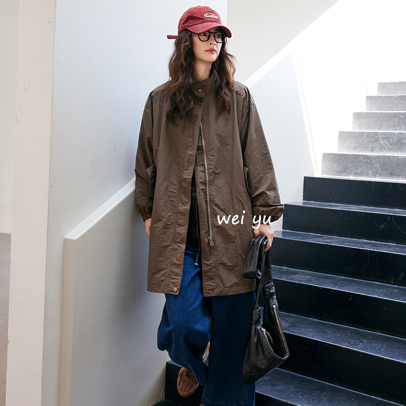 薇语大码女装复古廓形风衣女2026春秋新款立领拉链开衫休闲外套女