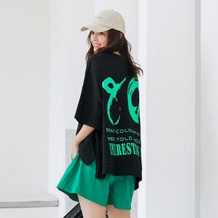 女装 蝙蝠衫 胖mm上衣洋气2026夏季 字母印花七分袖 T恤 新款 薇语大码