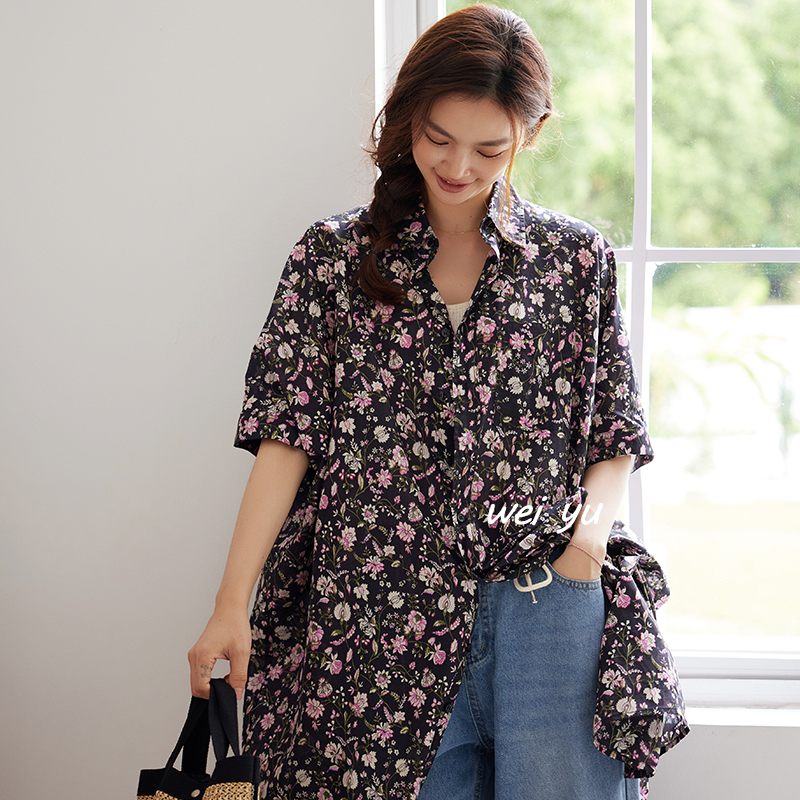 薇语大码女装长款衬衫女2025春夏新款宽松半袖碎花衬衫式连衣裙