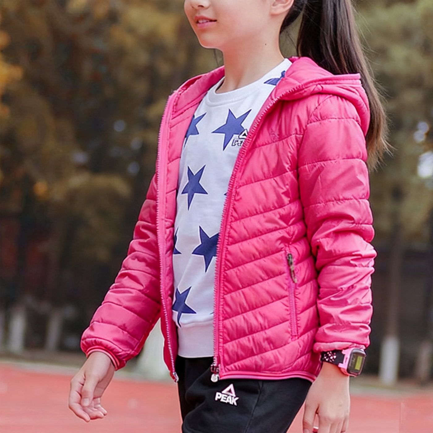 匹克撤柜儿童春秋连帽排骨薄棉衣 女童外套厚上衣棉夹克F544083