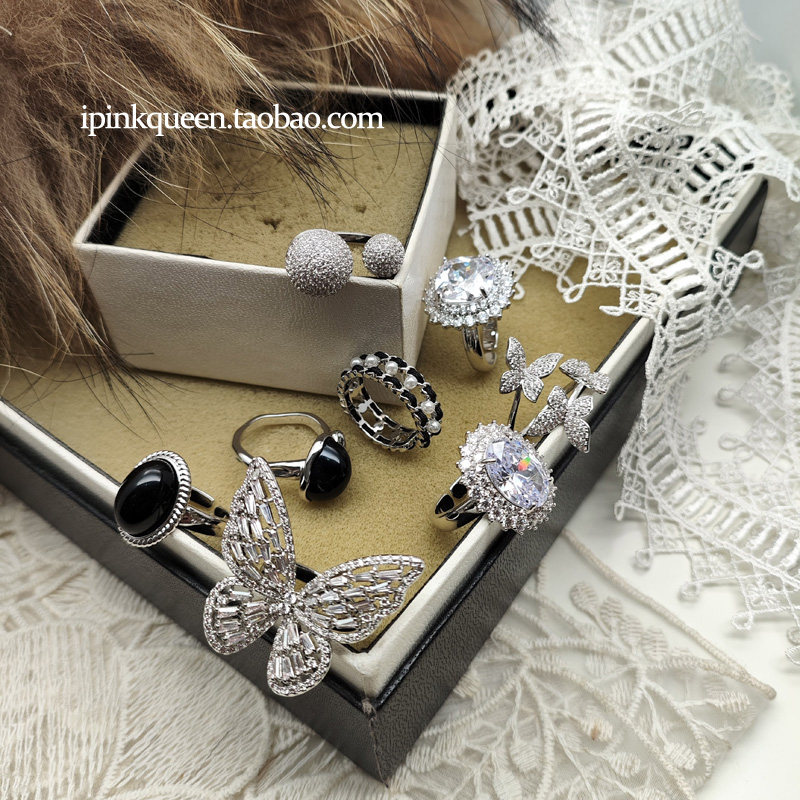 蝴蝶闪钻黑石转运珠小球开口戒指