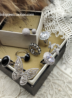 蝴蝶闪钻黑石转运珠小球开口戒指