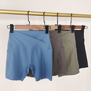 口袋款修身交叉腰显瘦骑行短裤户外运动训练速干跑步瑜伽五分裤女
