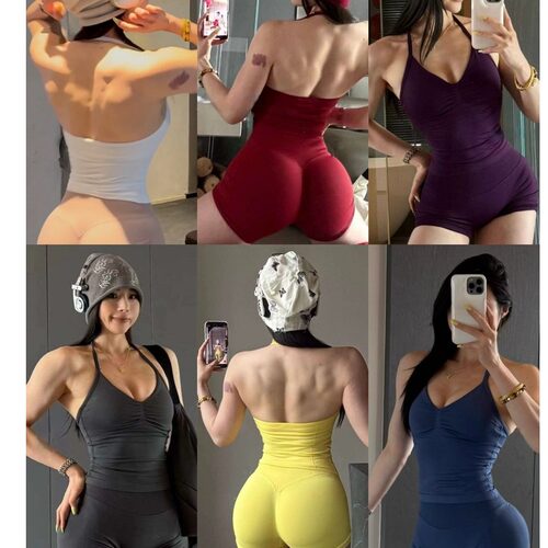 挂脖美背瑜伽两件套DF运动背心欧美翘臀短裤训练蜜桃健身服女套装