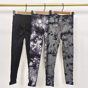 欧美性感侧边镂空瑜伽裤女高腰蜜桃臀扎染运动紧身扎染健身裤透气