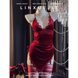 性感风法式蕾丝吊带睡裙女红色珊瑚绒高级感纯欲情调内衣睡衣