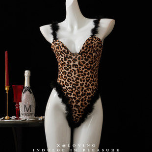 性感睡衣豹纹吊带连体衣女冬季 毛绒边纯欲高级感女仆内衣COS套装