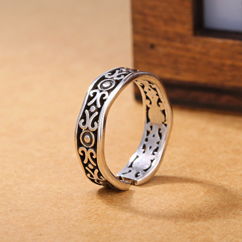 藏银民族风纯银泰银素银开口戒指羊角纹复古银指环不掉色饰品个性