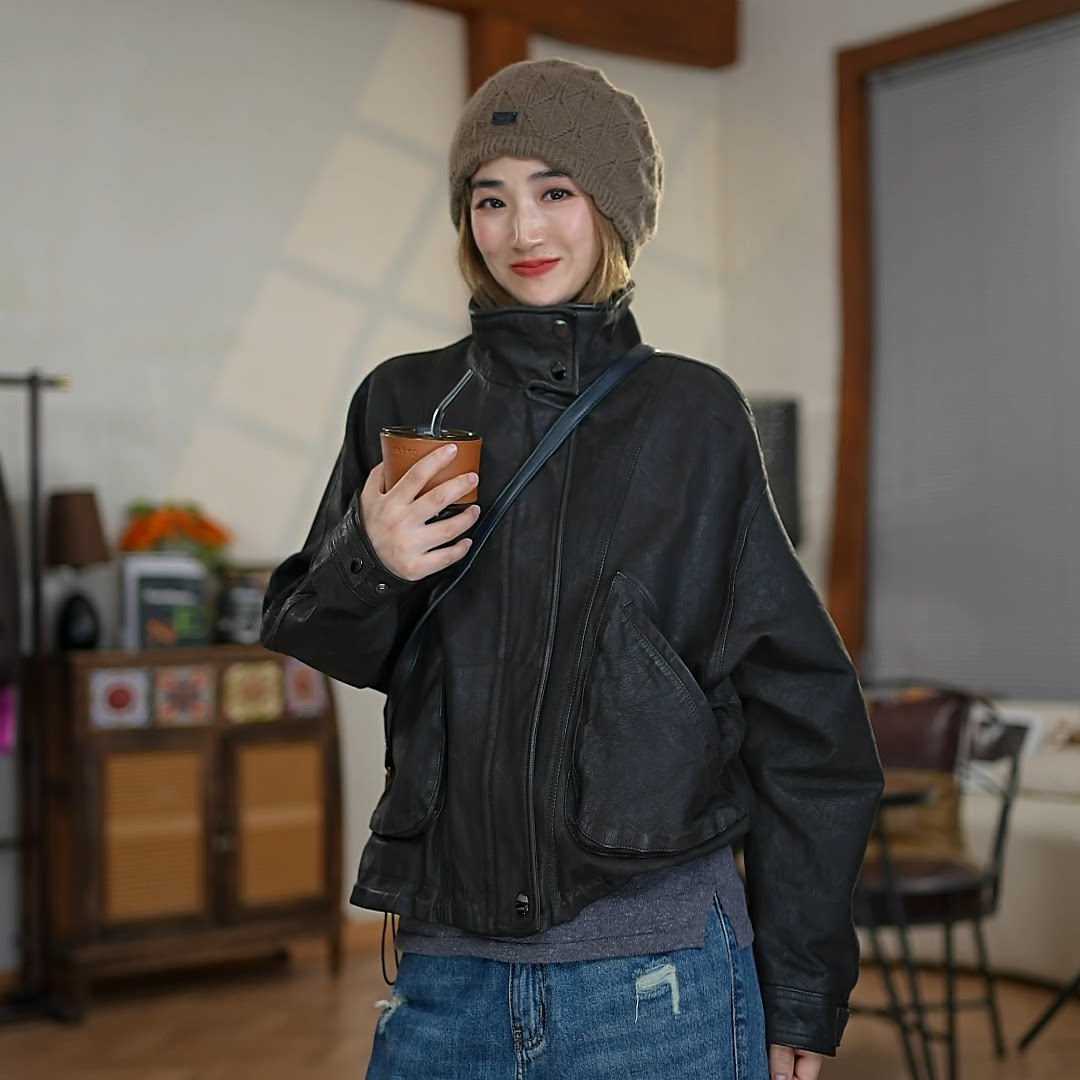 头层山羊重水洗皮衣女外套
