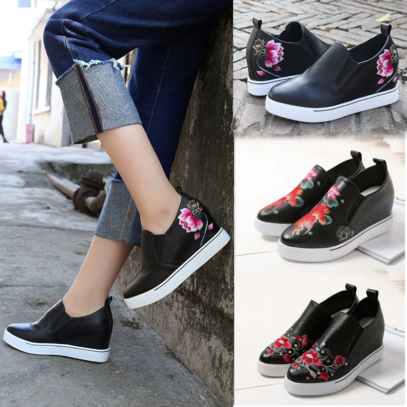 厚底刺绣镂空休闲单鞋头层牛皮