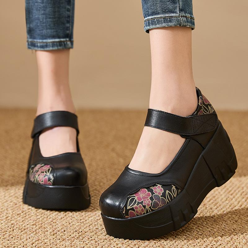 嫔妃丽人民族风拼接花真皮女单鞋