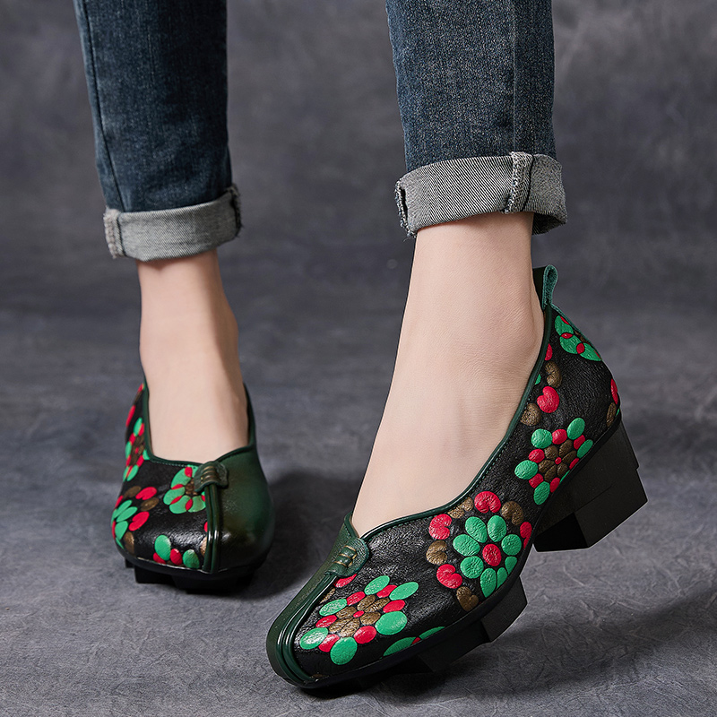 真皮民族风复古撞色旗袍浅口单鞋