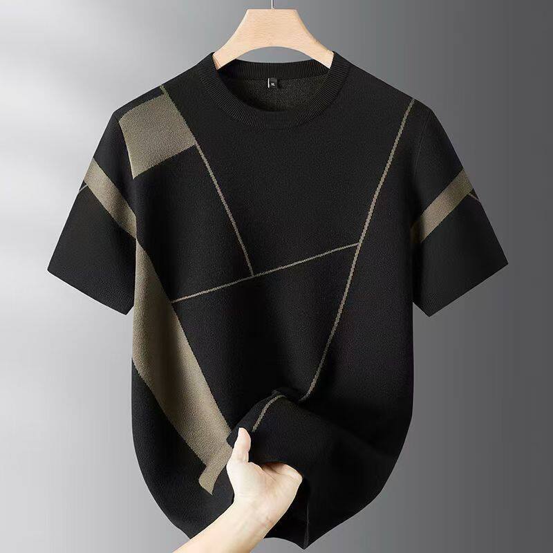潮胖子男士圆领短袖毛衣秋冬款加肥加大码宽松休闲拼色半袖针织衫