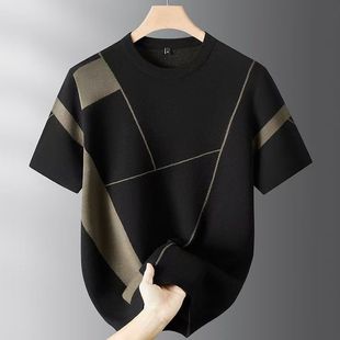 圆领短袖 针织衫 毛衣秋冬款 宽松休闲拼色半袖 加肥加大码 潮胖子男士