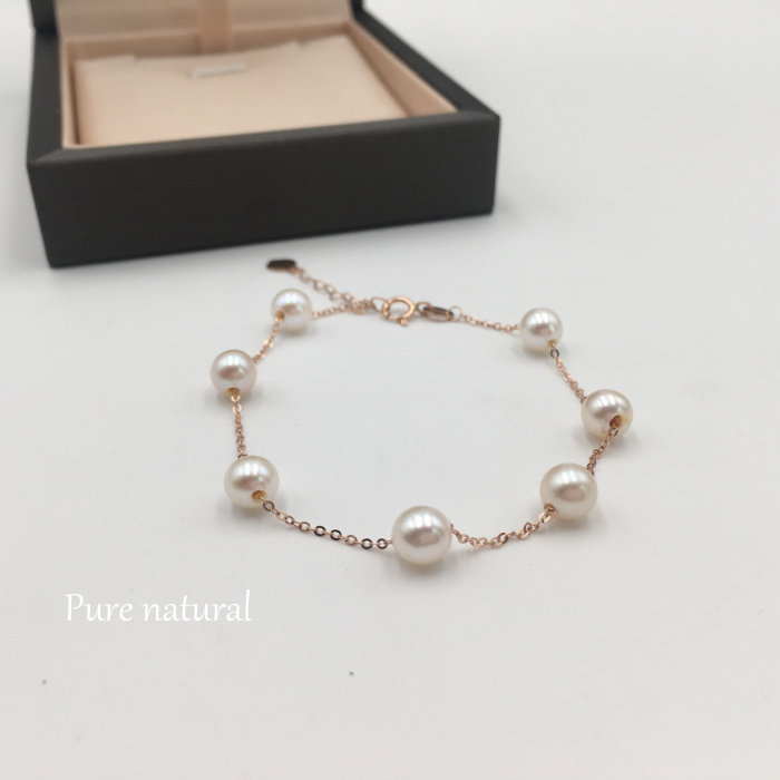 天然淡水圆珠珍珠手链 18k金正品女 满天星单层手链送女友