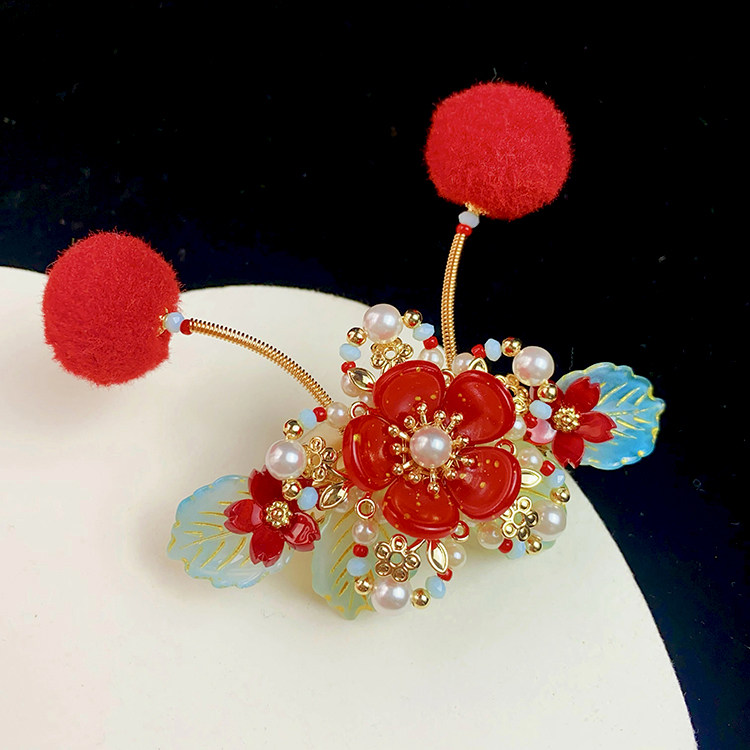 红色新年毛球颤球发夹顶夹后压汉服戏曲古风喜庆发饰头饰 贺新年