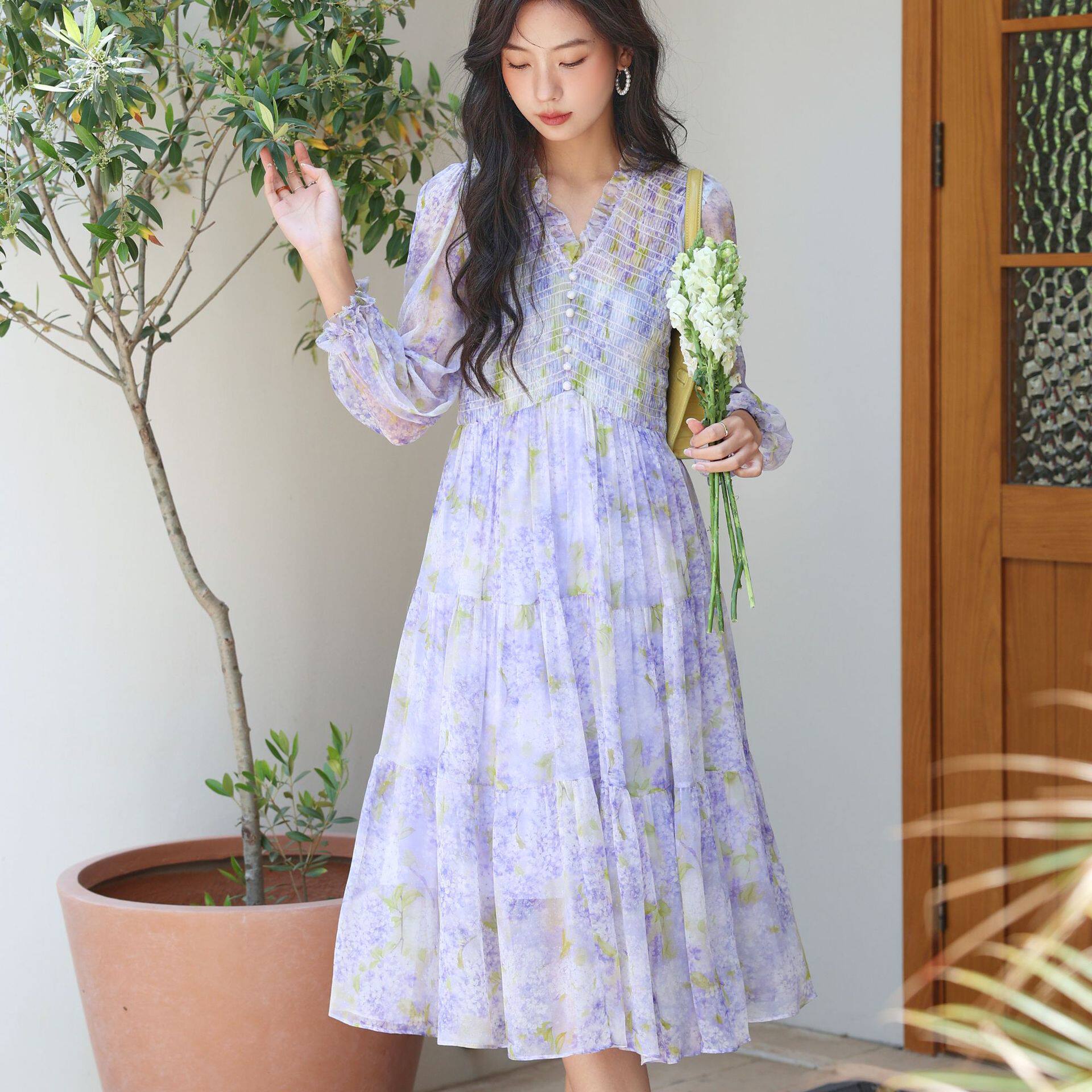 花开盛夏浪漫碎花真丝连衣裙早春连衣裙