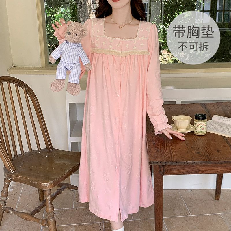 睡衣女秋冬季长袖德绒薄款甜美可爱宫廷公主风带胸垫大码长款睡裙