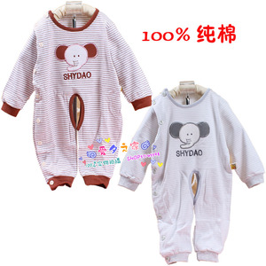 高档婴儿爬服0-12个月宝宝连体衣哈衣可爱小象立领偏开扣纯棉爬衣