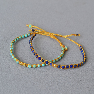 小众设计复古绿松石青金石金丝线手工编织串珠波西米亚风叠戴手链