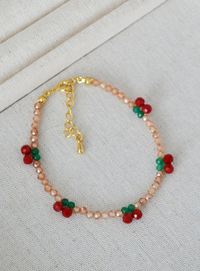 日韩小众ins风甜美手工编织红色樱桃香槟锆石水晶串珠手链礼物女