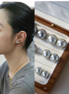施家真多麻高级感奶银灰色珍珠耳环Fever同款925银耳针耳钉耳饰女