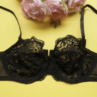 不易变形定型纱!出口内衣 透明黑色蕾丝超薄文胸85D CW020大码