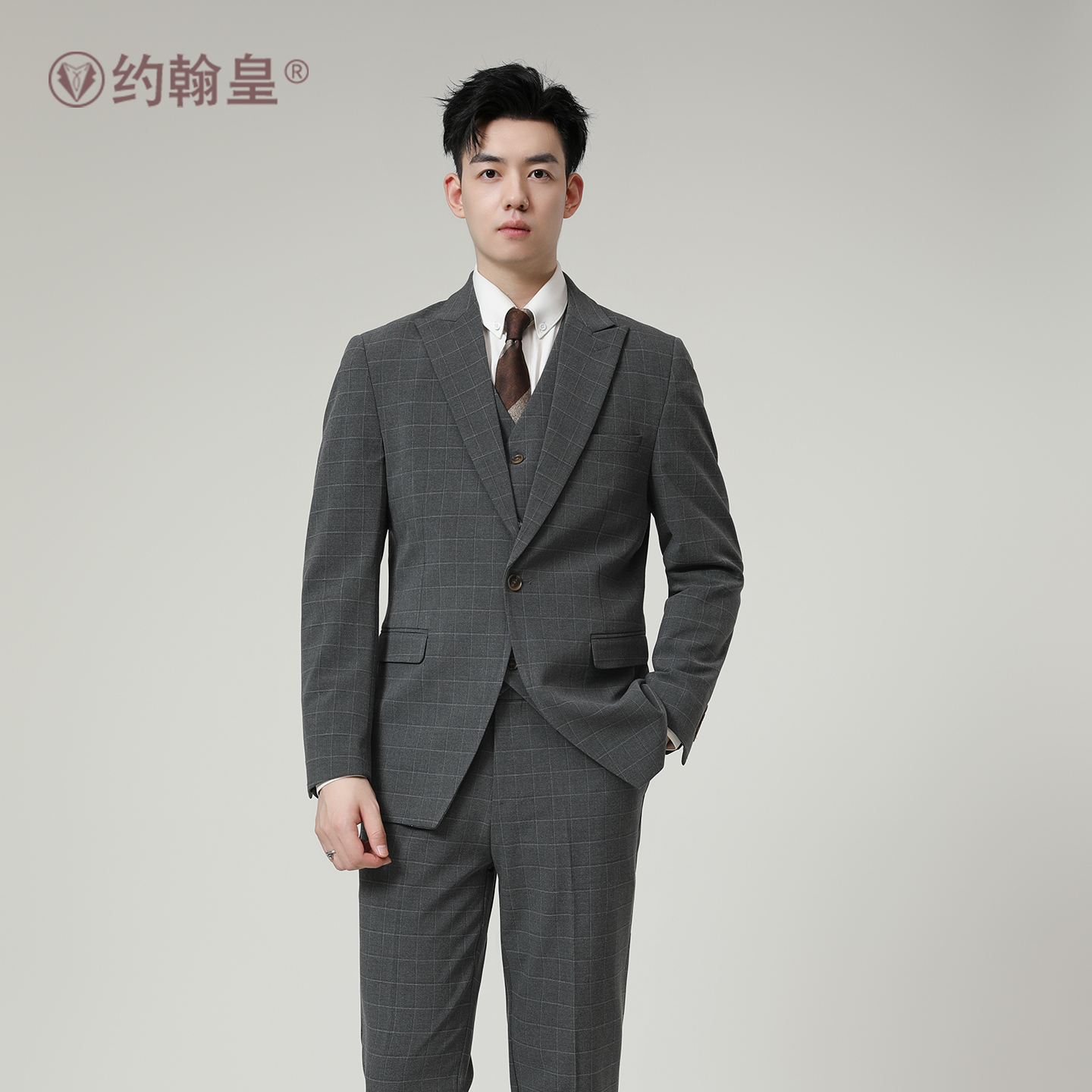 格子西装套装后中开叉戗驳领韩版商务休闲男士结婚正装西服套装