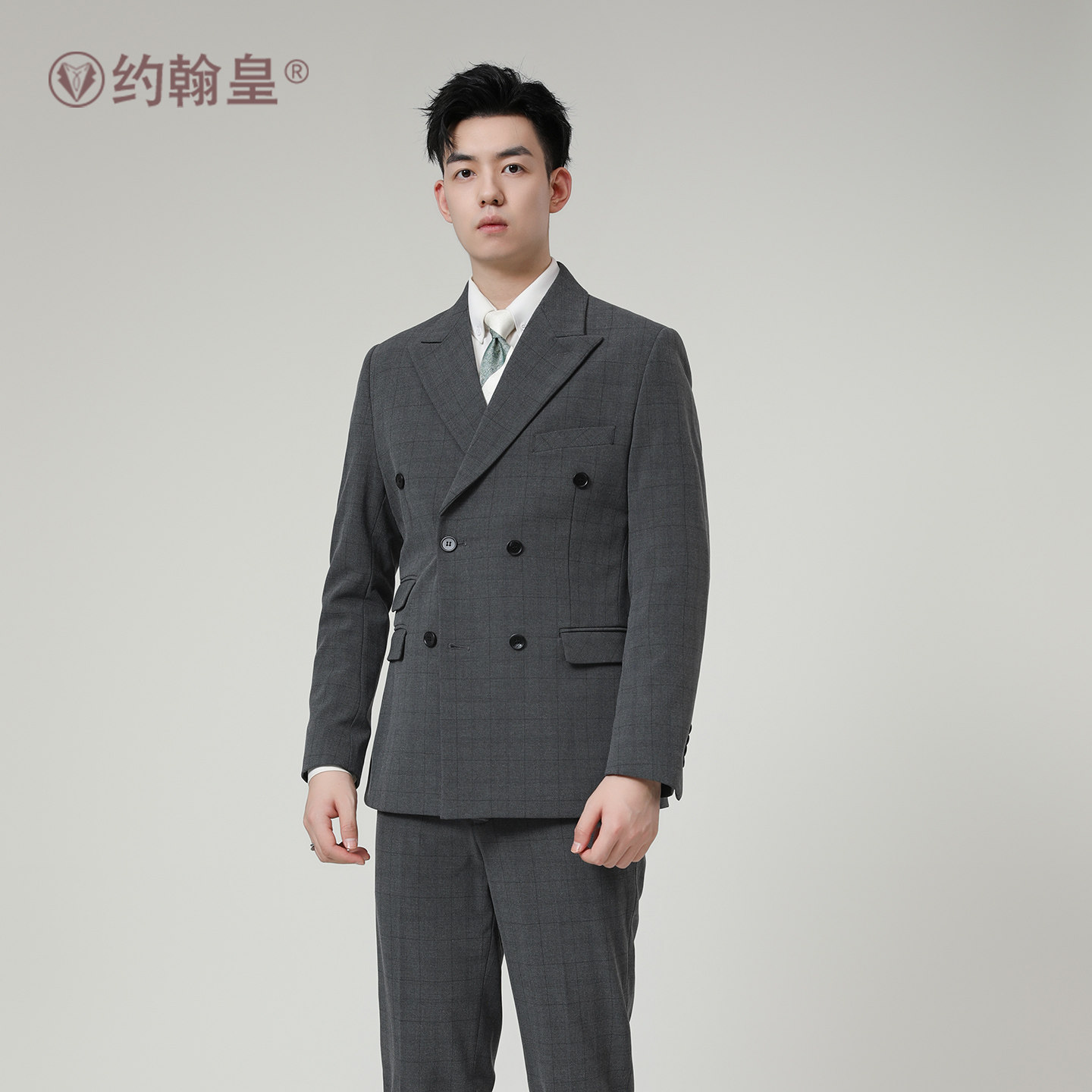 双排扣格子西服男高档西装套装修身结婚西装男士英伦新郎礼服套装