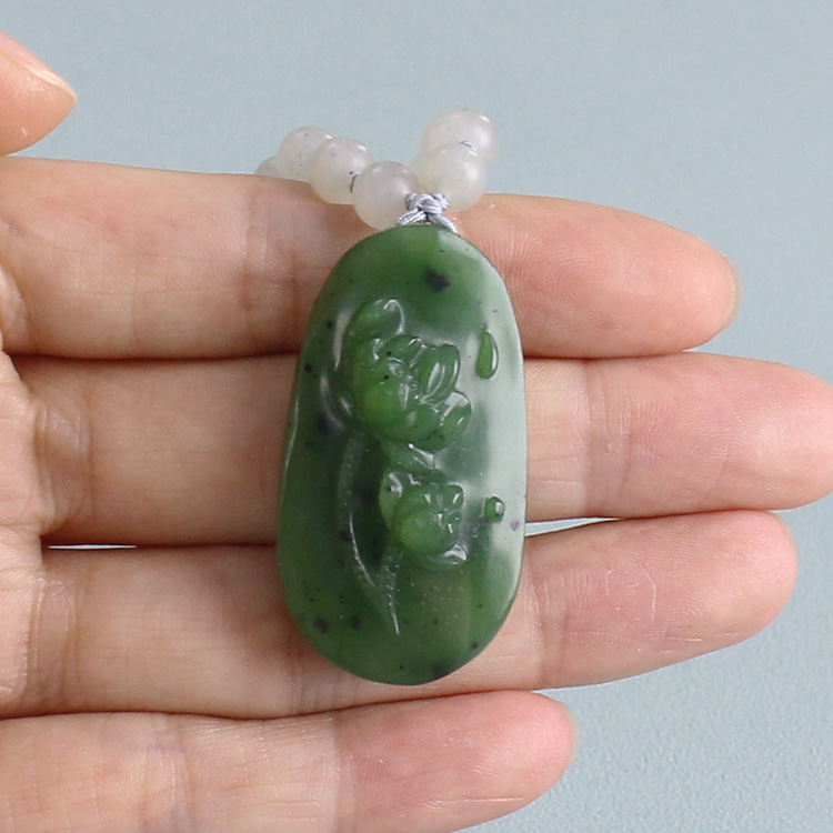 高脂份阳绿调碧玉籽料莲花吊坠套装 有原皮 朕®开仓 新疆和田玉
