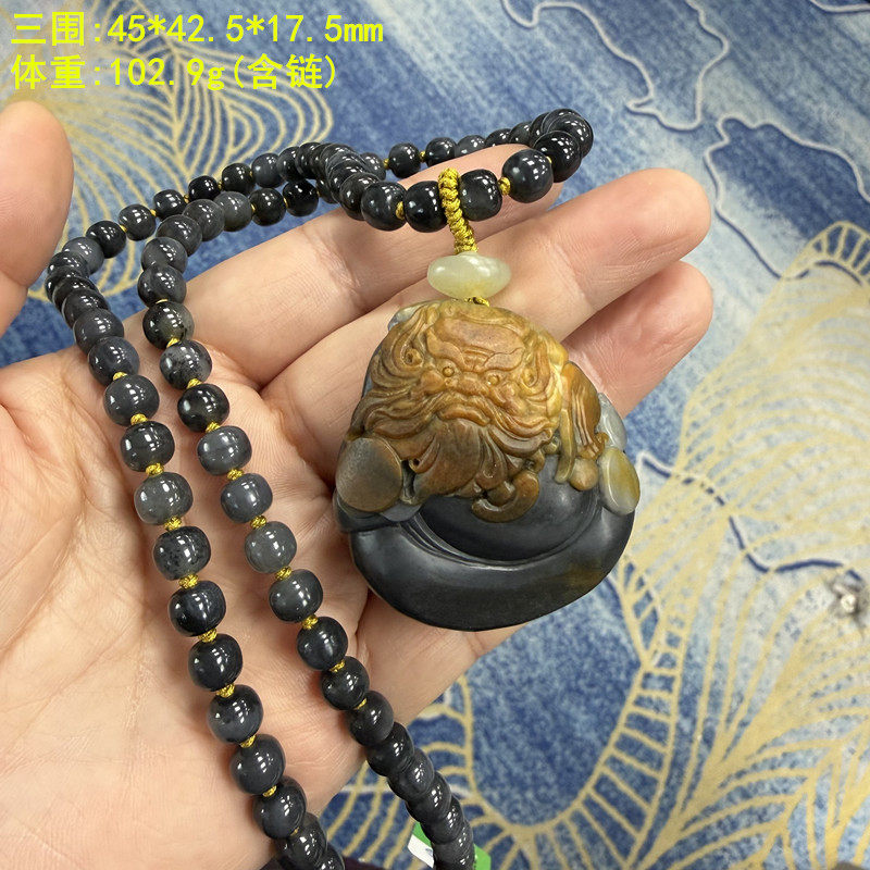 N黄沁皮墨玉籽料钟馗祝酒挂件套装青花吊坠朕&reg;开仓新疆和田玉