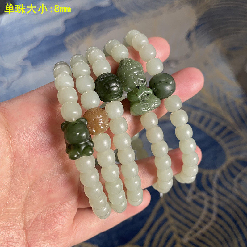 8mm青白玉籽料老型珠+籽料配饰小手串 朕®开仓 新疆和田玉