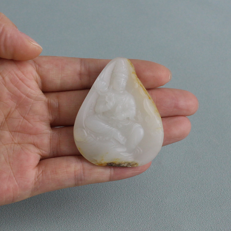 双色皮大独籽羊脂白玉观音吊坠